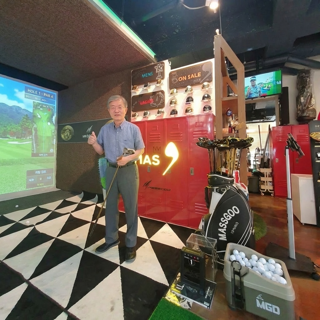 스크린 골프 연습장에서 한 남성이 골프 클럽을 들고 밝은 표정으로 엄지손가락을 치켜세우고 있습니다. 배경에는 스크린에 골프 코스가 표시되어 있으며, 다양한 골프 장비와 공들이 주변에 배치되어 있습니다. 남성은 편안한 복장을 하고 있으며, 전체적으로 여유롭고 즐거운 분위기를 자아냅니다.