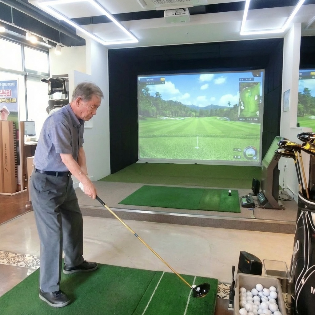 스크린 골프장에서 골프 클럽을 들고 스윙 준비를 하고 있는 시니어 남성의 모습. 그는 집중한 표정으로 스윙을 준비하고 있으며, 배경에는 스크린에 표시된 아름다운 골프 코스의 풍경이 보인다. 실내 환경에서 골프 연습을 하고 있는 모습으로, 주변에는 골프 공과 장비가 정리되어 있다.