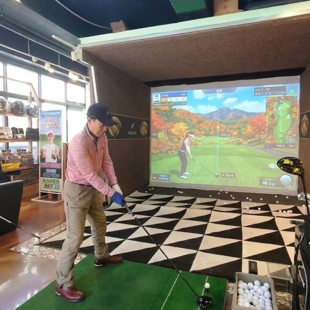 스크린 골프장에서 골프 클럽을 잡고 스윙 준비를 하는 남성의 모습. 그는 핑크색 셔츠와 베이지색 바지를 입고 있으며, 검은색 모자를 쓰고 있다. 배경에는 가상의 골프 코스가 화면에 나타나 있으며, 주변에는 다양한 골프 장비가 배치되어 있다. 스크린의 색감은 따뜻한 가을 느낌을 주며, 실내의 조명은 부드럽고 아늑하다.
